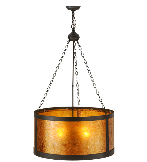 Meyda Lighting Smythe Craftsman 28" 4-Light Timeless Bronze Inverted Pendant Light With Amber Mica Shade Glass