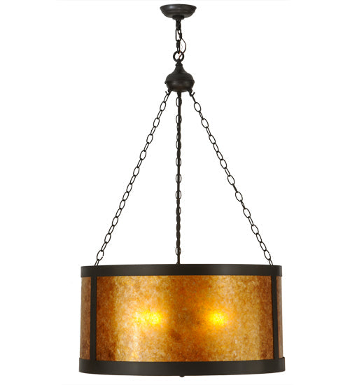 Meyda Lighting Smythe Craftsman 28" 4-Light Timeless Bronze Inverted Pendant Light With Amber Mica Shade Glass