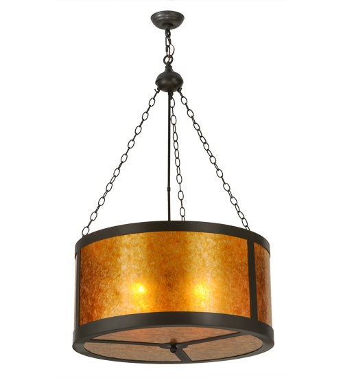 Meyda Lighting Smythe Craftsman 28" 4-Light Timeless Bronze Inverted Pendant Light With Amber Mica Shade Glass