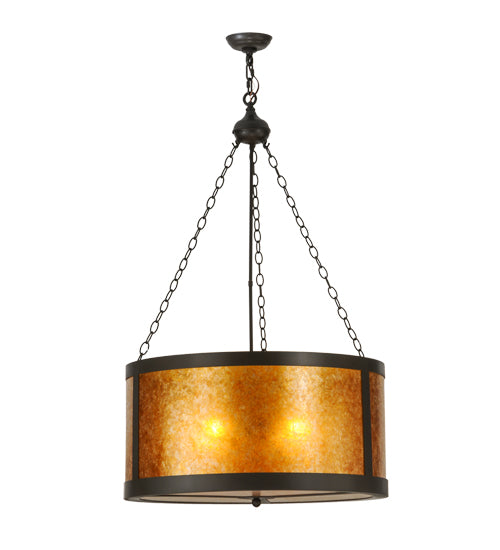 Meyda Lighting Smythe Craftsman 28" 4-Light Timeless Bronze Inverted Pendant Light With Amber Mica Shade Glass