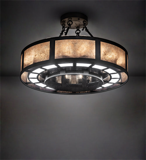Meyda Lighting Smythe Craftsman 30" 16-Light Oil Rubbed Bronze Semi-flush Mount Light With Clear Seeded Glass, Silver Mica And Statuario Idalight Shade