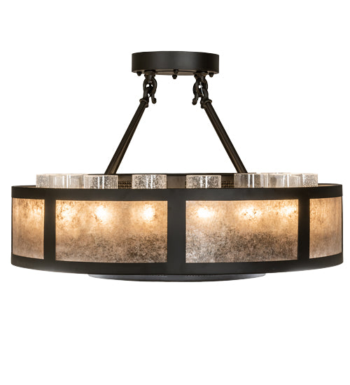 Meyda Lighting Smythe Craftsman 30" 16-Light Oil Rubbed Bronze Semi-flush Mount Light With Clear Seeded Glass, Silver Mica And Statuario Idalight Shade