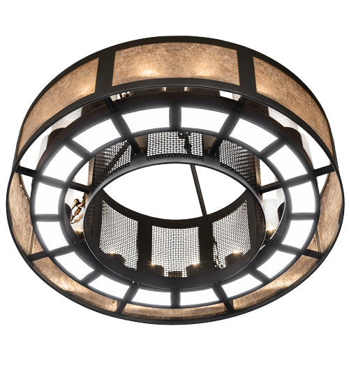 Meyda Lighting Smythe Craftsman 30" 16-Light Oil Rubbed Bronze Semi-flush Mount Light With Clear Seeded Glass, Silver Mica And Statuario Idalight Shade