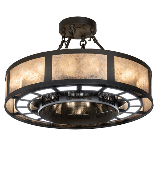 Meyda Lighting Smythe Craftsman 30" 16-Light Oil Rubbed Bronze Semi-flush Mount Light With Clear Seeded Glass, Silver Mica And Statuario Idalight Shade