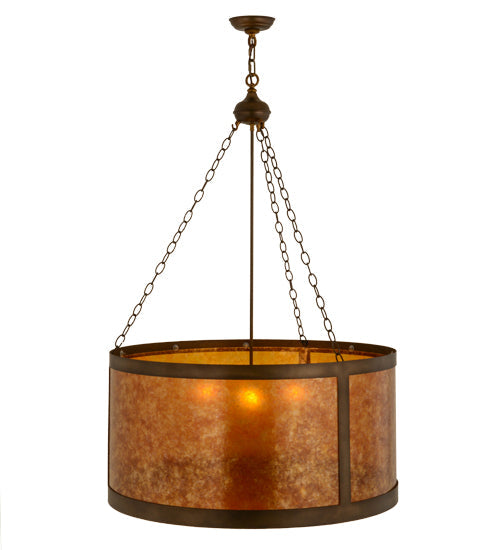 Meyda Lighting Smythe Craftsman 32" 4-Light Antique Copper Inverted Pendant Light With Amber Mica Shade Glass