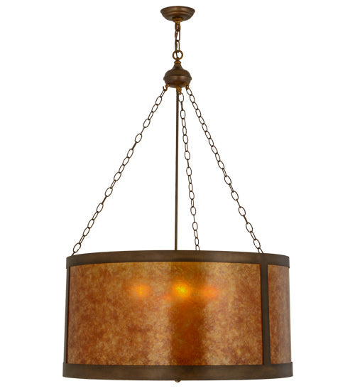 Meyda Lighting Smythe Craftsman 32" 4-Light Antique Copper Inverted Pendant Light With Amber Mica Shade Glass