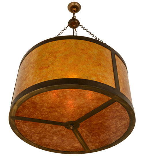 Meyda Lighting Smythe Craftsman 32" 4-Light Antique Copper Inverted Pendant Light With Amber Mica Shade Glass