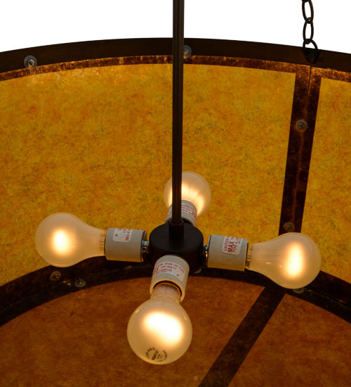 Meyda Lighting Smythe Craftsman 32" 4-Light Antique Copper Inverted Pendant Light With Amber Mica Shade Glass