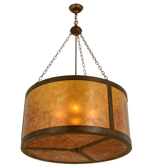 Meyda Lighting Smythe Craftsman 32" 4-Light Antique Copper Inverted Pendant Light With Amber Mica Shade Glass