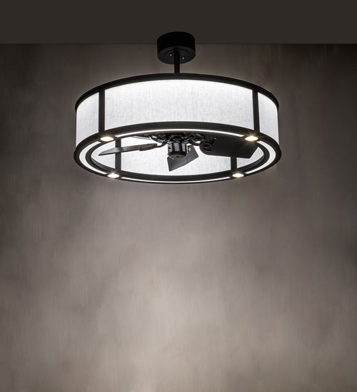 Meyda Lighting Smythe Craftsman 36" 4-Light Old Wrought Iron Chandelier With White Egg Shell Shade and Fan