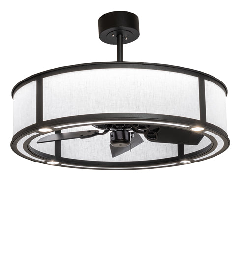 Meyda Lighting Smythe Craftsman 36" 4-Light Old Wrought Iron Chandelier With White Egg Shell Shade and Fan
