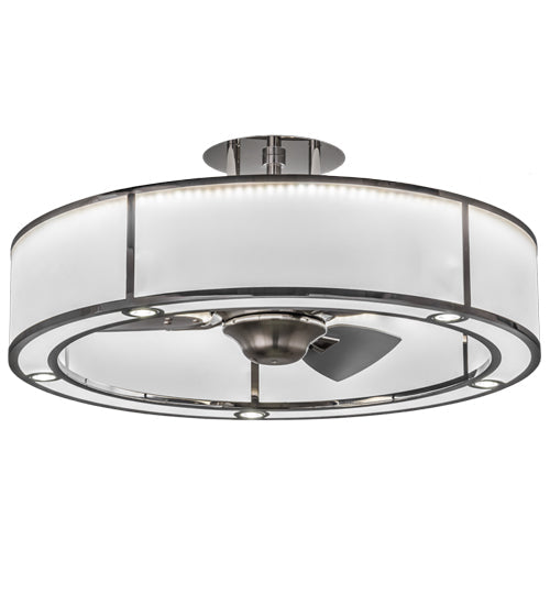 Meyda Lighting Smythe Craftsman 36" 5-Light LED Polished Stainless Steel Chandelier With White Shade Glass and Fan