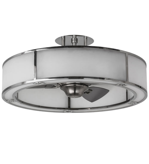 Meyda Lighting Smythe Craftsman 36" 5-Light LED Polished Stainless Steel Chandelier With White Shade Glass and Fan