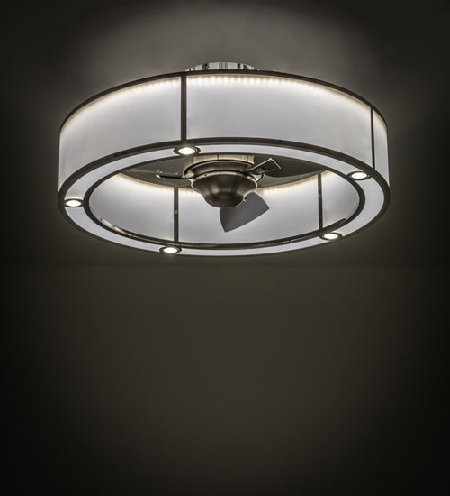 Meyda Lighting Smythe Craftsman 36" 5-Light LED Polished Stainless Steel Chandelier With White Shade Glass and Fan
