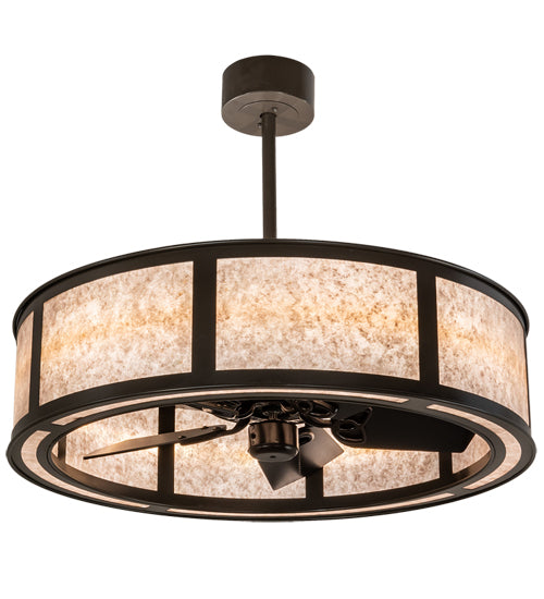 Meyda Lighting Smythe Craftsman 37" 4-Light Timeless Bronze Chandelier With Silver Mica Shade Glass and Fan