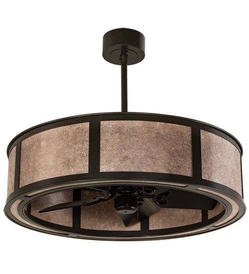 Meyda Lighting Smythe Craftsman 37" 4-Light Timeless Bronze Chandelier With Silver Mica Shade Glass and Fan