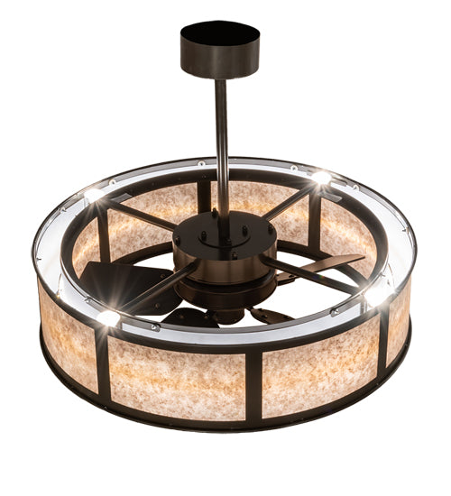 Meyda Lighting Smythe Craftsman 37" 4-Light Timeless Bronze Chandelier With Silver Mica Shade Glass and Fan