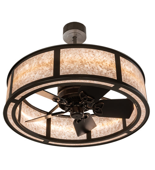 Meyda Lighting Smythe Craftsman 37" 4-Light Timeless Bronze Chandelier With Silver Mica Shade Glass and Fan