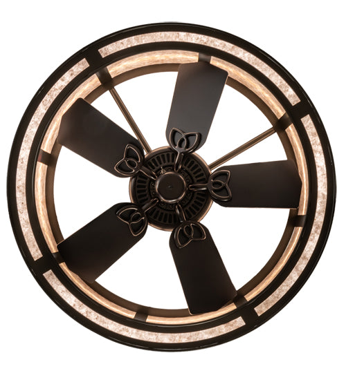 Meyda Lighting Smythe Craftsman 37" 4-Light Timeless Bronze Chandelier With Silver Mica Shade Glass and Fan