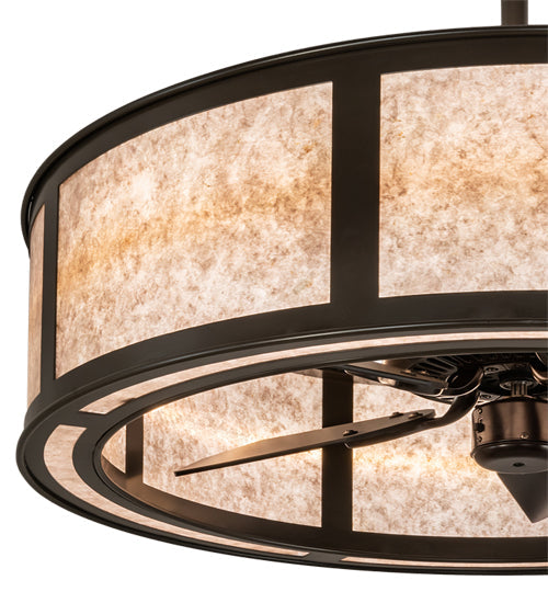Meyda Lighting Smythe Craftsman 37" 4-Light Timeless Bronze Chandelier With Silver Mica Shade Glass and Fan