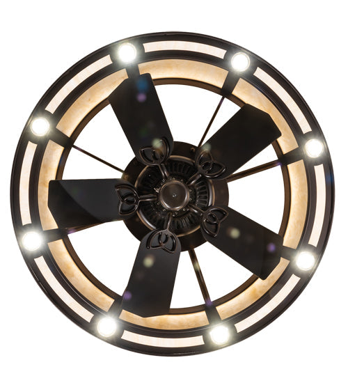 Meyda Lighting Smythe Craftsman 37" 8-Light Mahogany Bronze Chandelier With Beige Sahara Taupe Idalight Shade and Fan