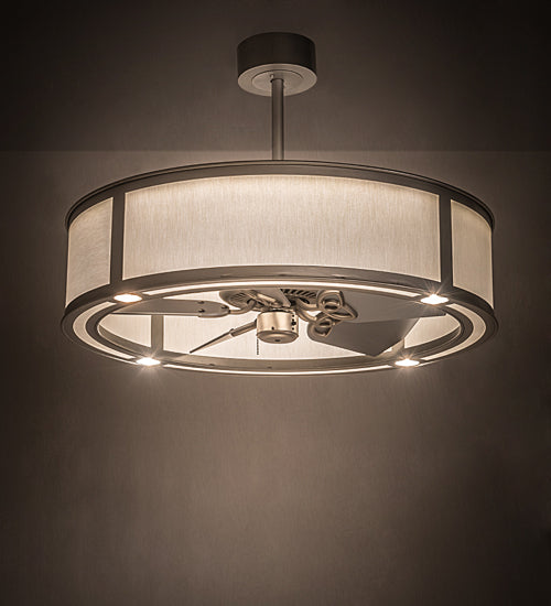 Meyda Lighting Smythe Craftsman 37" LED Light Sandstone Chandelier With White Eggshell Textrene Shade and Fan