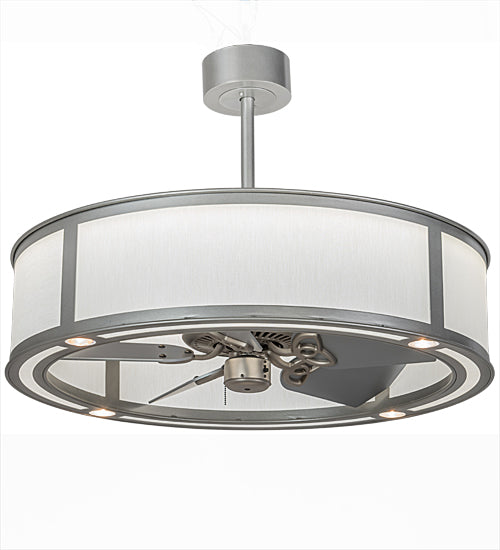 Meyda Lighting Smythe Craftsman 37" LED Light Sandstone Chandelier With White Eggshell Textrene Shade and Fan
