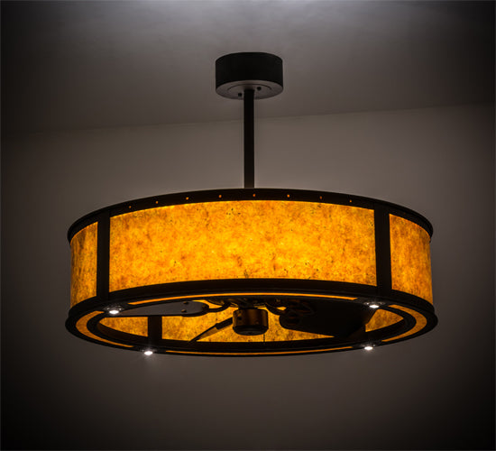 Meyda Lighting Smythe Craftsman 37" LED Oil Rubbed Bronze Chandelier With Amber Mica Shade Glass and Fan