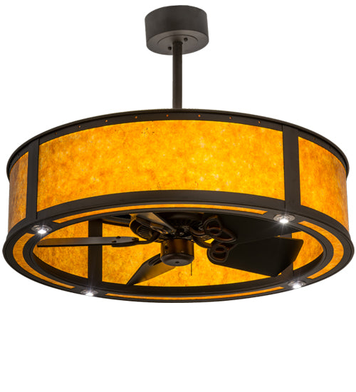 Meyda Lighting Smythe Craftsman 37" LED Oil Rubbed Bronze Chandelier With Amber Mica Shade Glass and Fan