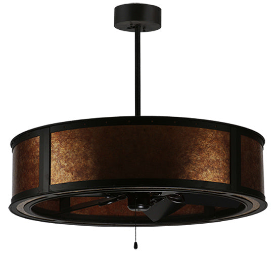 Meyda Lighting Smythe Craftsman 37" LED Strip Oil Rubbed Bronze Chandelier With Amber Mica Shade Glass and Black Fan