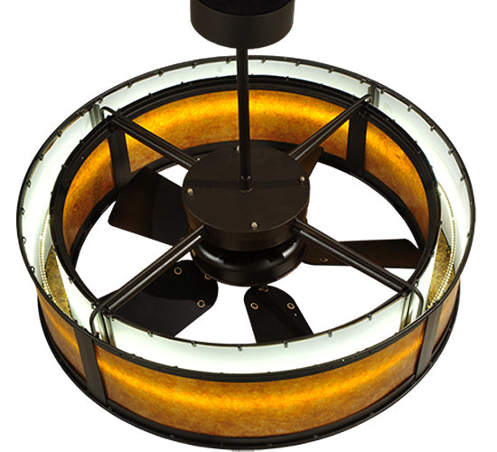 Meyda Lighting Smythe Craftsman 37" LED Strip Oil Rubbed Bronze Chandelier With Amber Mica Shade Glass and Black Fan