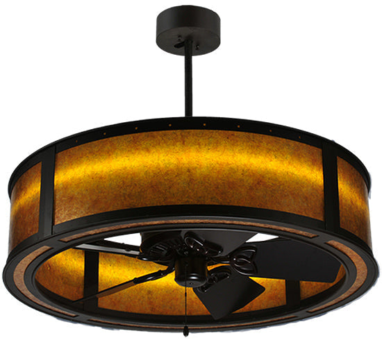 Meyda Lighting Smythe Craftsman 37" LED Strip Oil Rubbed Bronze Chandelier With Amber Mica Shade Glass and Black Fan