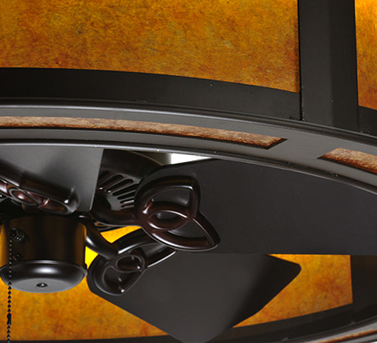 Meyda Lighting Smythe Craftsman 37" LED Strip Oil Rubbed Bronze Chandelier With Amber Mica Shade Glass and Black Fan