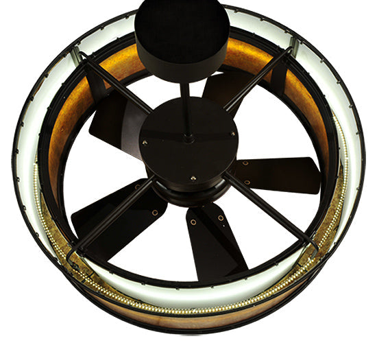 Meyda Lighting Smythe Craftsman 37" LED Strip Oil Rubbed Bronze Chandelier With Amber Mica Shade Glass and Black Fan