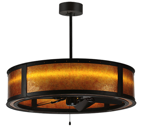 Meyda Lighting Smythe Craftsman 37" LED Strip Oil Rubbed Bronze Chandelier With Amber Mica Shade Glass and Black Fan