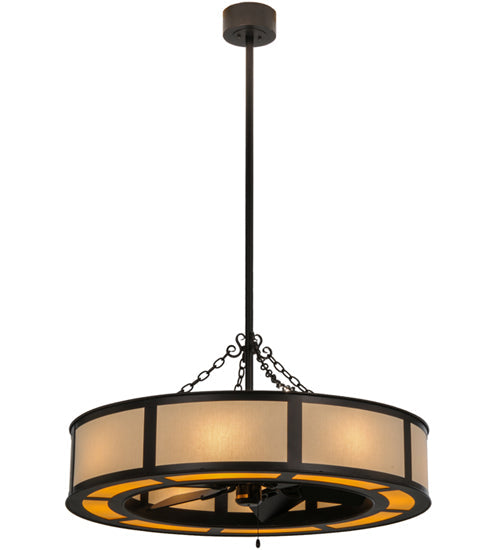 Meyda Lighting Smythe Craftsman 44" 12-Light Mahogany Bronze Maplewood Chandelier With Eggshell Textrene Shade and Fan