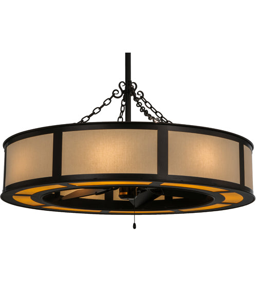 Meyda Lighting Smythe Craftsman 44" 12-Light Mahogany Bronze Maplewood Chandelier With Eggshell Textrene Shade and Fan