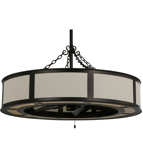 Meyda Lighting Smythe Craftsman 44" 12-Light Mahogany Bronze Maplewood Chandelier With Eggshell Textrene Shade and Fan