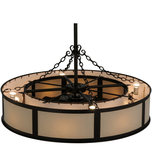 Meyda Lighting Smythe Craftsman 44" 12-Light Mahogany Bronze Maplewood Chandelier With Eggshell Textrene Shade and Fan
