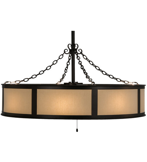 Meyda Lighting Smythe Craftsman 44" 12-Light Mahogany Bronze Maplewood Chandelier With Eggshell Textrene Shade and Fan