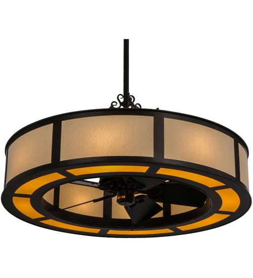 Meyda Lighting Smythe Craftsman 44" 12-Light Mahogany Bronze Maplewood Chandelier With Eggshell Textrene Shade and Fan