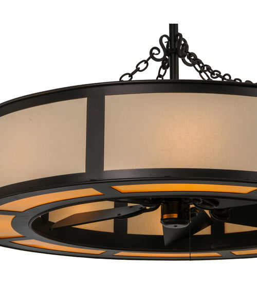Meyda Lighting Smythe Craftsman 44" 12-Light Mahogany Bronze Maplewood Chandelier With Eggshell Textrene Shade and Fan