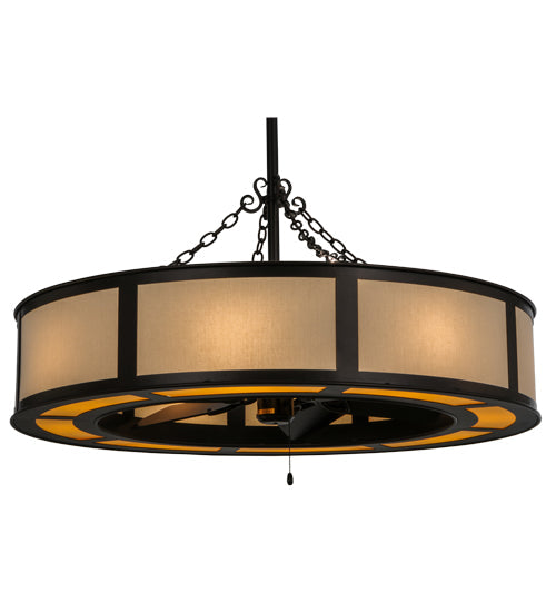 Meyda Lighting Smythe Craftsman 44" 12-Light Mahogany Bronze Maplewood Chandelier With Eggshell Textrene Shade and Fan