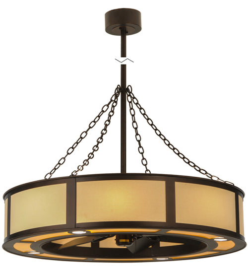 Meyda Lighting Smythe Craftsman 44" 16-Light Mahogany Bronze Maplewood Chandelier With Beige Eggshell Textrene Shade and Fan