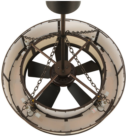Meyda Lighting Smythe Craftsman 44" 16-Light Mahogany Bronze Maplewood Chandelier With Beige Eggshell Textrene Shade and Fan