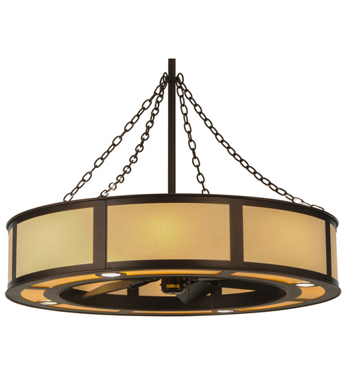 Meyda Lighting Smythe Craftsman 44" 16-Light Mahogany Bronze Maplewood Chandelier With Beige Eggshell Textrene Shade and Fan