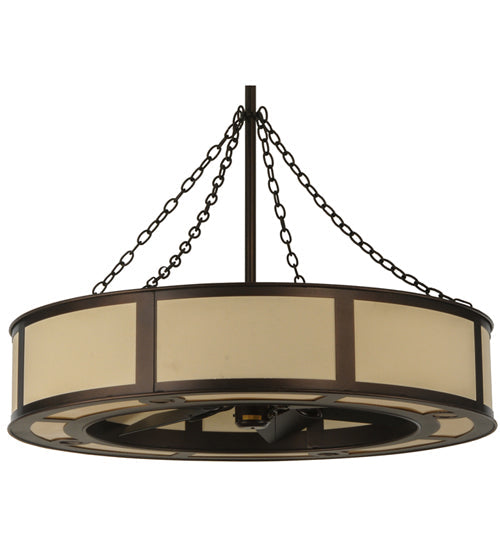 Meyda Lighting Smythe Craftsman 44" 16-Light Mahogany Bronze Maplewood Chandelier With Beige Eggshell Textrene Shade and Fan