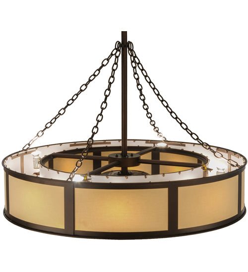 Meyda Lighting Smythe Craftsman 44" 16-Light Mahogany Bronze Maplewood Chandelier With Beige Eggshell Textrene Shade and Fan