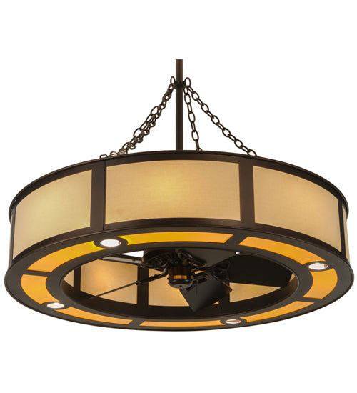 Meyda Lighting Smythe Craftsman 44" 16-Light Mahogany Bronze Maplewood Chandelier With Beige Eggshell Textrene Shade and Fan