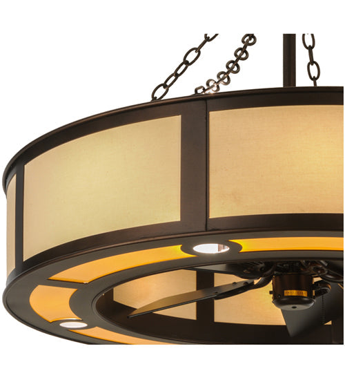 Meyda Lighting Smythe Craftsman 44" 16-Light Mahogany Bronze Maplewood Chandelier With Beige Eggshell Textrene Shade and Fan